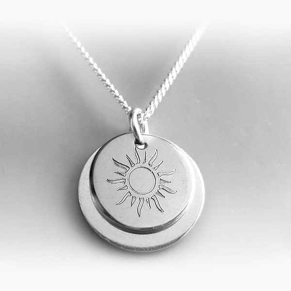 Sonne Kette mit Gravur, 925 Silber, Doppelanhänger,  Initialen, Namen, Datum, Geschenk zum Geburtstag, Taufe, Schulabschluss