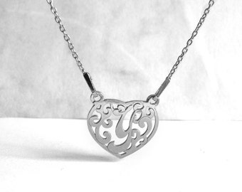 Filigree 925 Silver Y Letter Necklace, Shiny Heart Initial, Wedding Accessories, Bridesmaid, Birthday Gift Idea