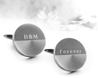Modern Personalized Round Cuff Links, Initials Engraving, Stainless Steel, Wedding Gift for Men