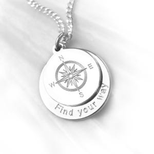 Engraved Compass Pendant Necklace, Customized Jewelry, 925 Silver, Personalized Birthday, Baptism Gift Necklace