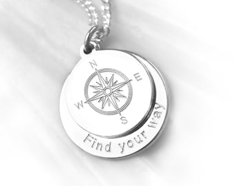 Engraved Compass Pendant Necklace, Customized Jewelry, 925 Silver, Personalized Birthday, Baptism Gift Necklace