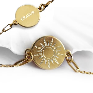 Sun Bracelet with Engraving,  Disc Bracelet, Gold Plated Chain Bracelet, Personalized Gift Idea for Girls and Women