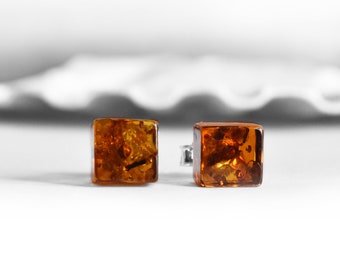 Cube Amber Stud Earring, 925 Sterling Silver Post Earrings, Geometric Jewelry