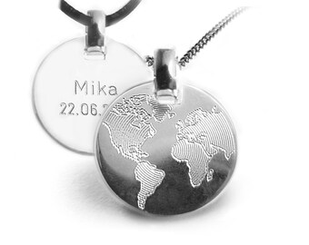 World Pendant, Personalized Necklace with Engraving, Customizable 925 Silver Necklace