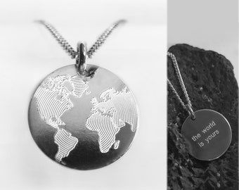 Earth Necklace, World Map Pendant, 925 Silver, Engraved Globe, Unisex Peace Travel Gift Jewelry for Men and Women