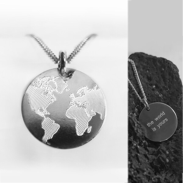 Personalisierte Weltkugel - Kette mit Gravur, 925 Silber, Weltkarte Anhänger,  Frieden Reise Kette, Geschenk für Damen & Herren