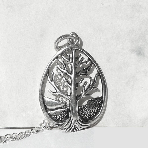 Big Tree of Life Necklace, 925 Silver Pendant Necklace, Open Work Tree Charm & Curb Chain