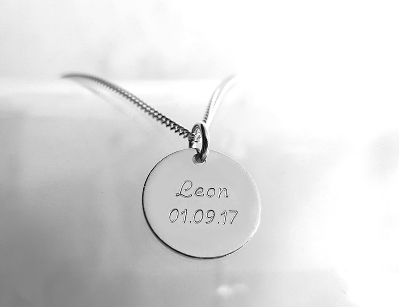 Round Pendant Engraved Chain Necklace 925 Silver Name Etsy