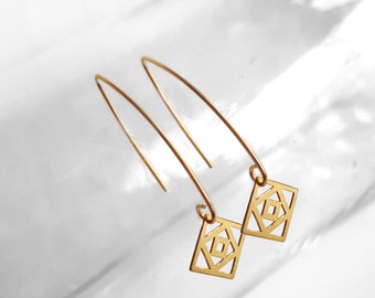 Square Charm Earrings, Hook Gold Plated Earrings, Hook, Dangle Earring, Quadrangle Shaped Modern Ear Jewelry, Fashion Accessories