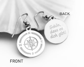 Compass Earrings with Engraving, Filigree Disc Travel Earrings, 925 Silver Personalized Ear Jewelry, Handmade Earrings