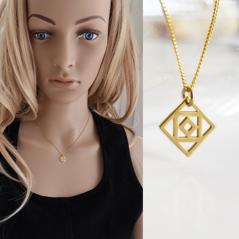 Modern Gold Plated Square Pendant, Curb Chain Necklace, Geometric Quadrangle Charm, Ethnic Jewelry image 2