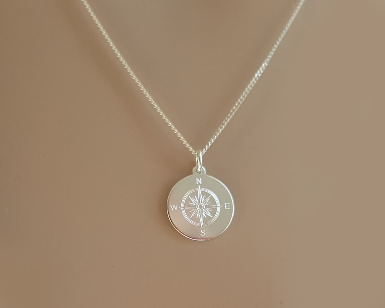 Compass Rose Necklace, 925 Silver, Engraved Round Pendant, Coordinates, Wish Text, Personalized Gift image 3