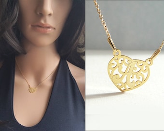 Dainty Heart Necklace, Letter A Initial, Gold Plated Personalized Jewelry, Wedding, Birthday, Valentine's Day Gift for Women