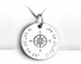 Coordinates Necklace, 925 Silver, Engraved Compass Rose, Unisex Jewelry for Men and Women