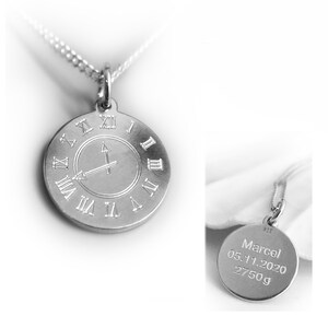 Baptismal Clock, Birth Clock Necklace, Engraved Round Pendant, 925 Silver, Gift Idea