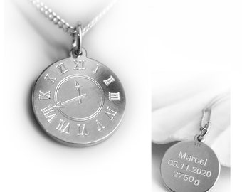Baptismal Clock, Birth Clock Necklace, Engraved Round Pendant, 925 Silver, Gift Idea
