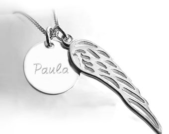 Personalized Necklace, Double Charm, Angel Wing & Round Engraved Disc, 925 Silver Jewelry