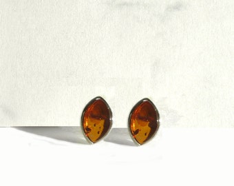 Elegant Small Studs, Baltic Brown Amber Post Earrings, 925 Sterling Silver, Marquise Shape