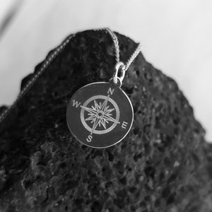 Compass Rose Necklace, 925 Silver, Engraved Round Pendant, Coordinates, Wish Text, Personalized Gift image 7