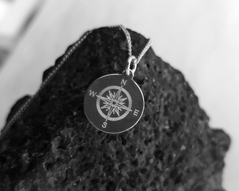 Compass Rose Necklace, 925 Silver, Engraved Round Pendant, Coordinates, Wish Text, Personalized Gift image 7