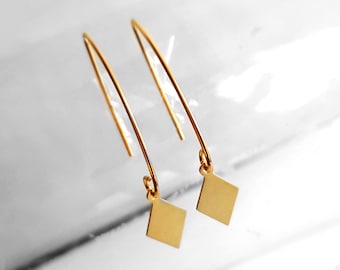 Geometric Gold Plated Earrings, Rhombus Hook Earring, Gold Plated Jewelry, Dangle Earring, Modern Ear Jewelry, Gift for Her