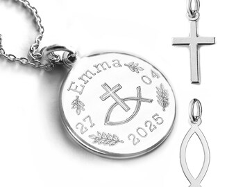 Christian Necklace with Engraving | 925 Sterling Silver | Engraved Pendant + Cross or Fish Charm | Communion, Confirmation Gift