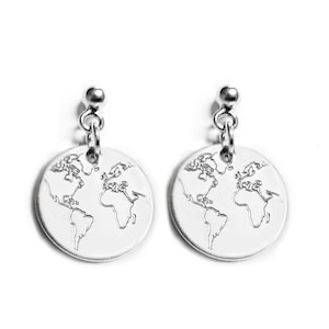 Weltkarte, Runde Welt Ohrringe mit Gravur, Globus, 925 Silber Ohrhänger, Reiseschmuck, Personalisiertes Geschenk