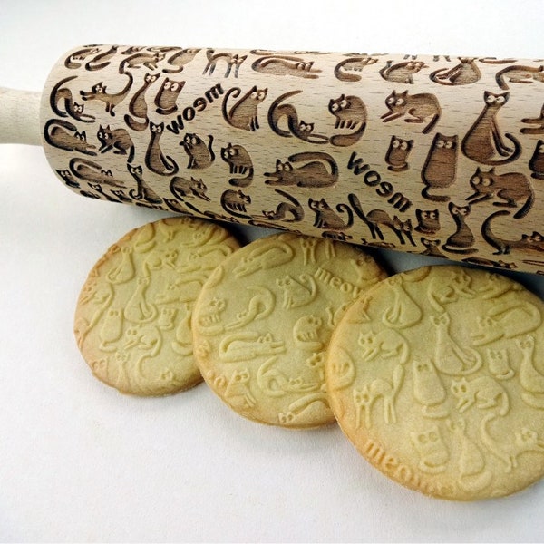 MEOW CATS Embossed Rolling Pin Laser Cut Embossing Dough Roller with Cats for Embossed Cookies by Algis Crafts Gift for Cat Lovers