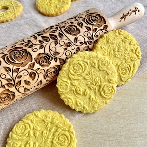 DAMASCUS ROSES Embossed Rolling Pin Wooden Embossing Dough Roller for Cookies and Ceramic by Algis Crafts