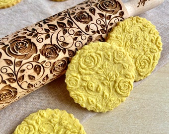 DAMASCUS ROSES Embossed Rolling Pin Wooden Embossing Dough Roller for Cookies and Ceramic by Algis Crafts