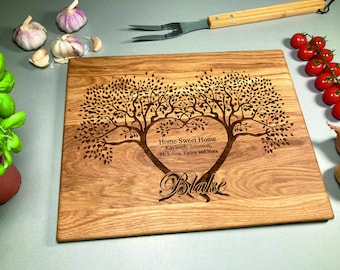 Handmade Personalized Cutting Board with trees in heart. Lazer Engraved. gift for wedding. Engagement gift. Choping block. Custom engraved