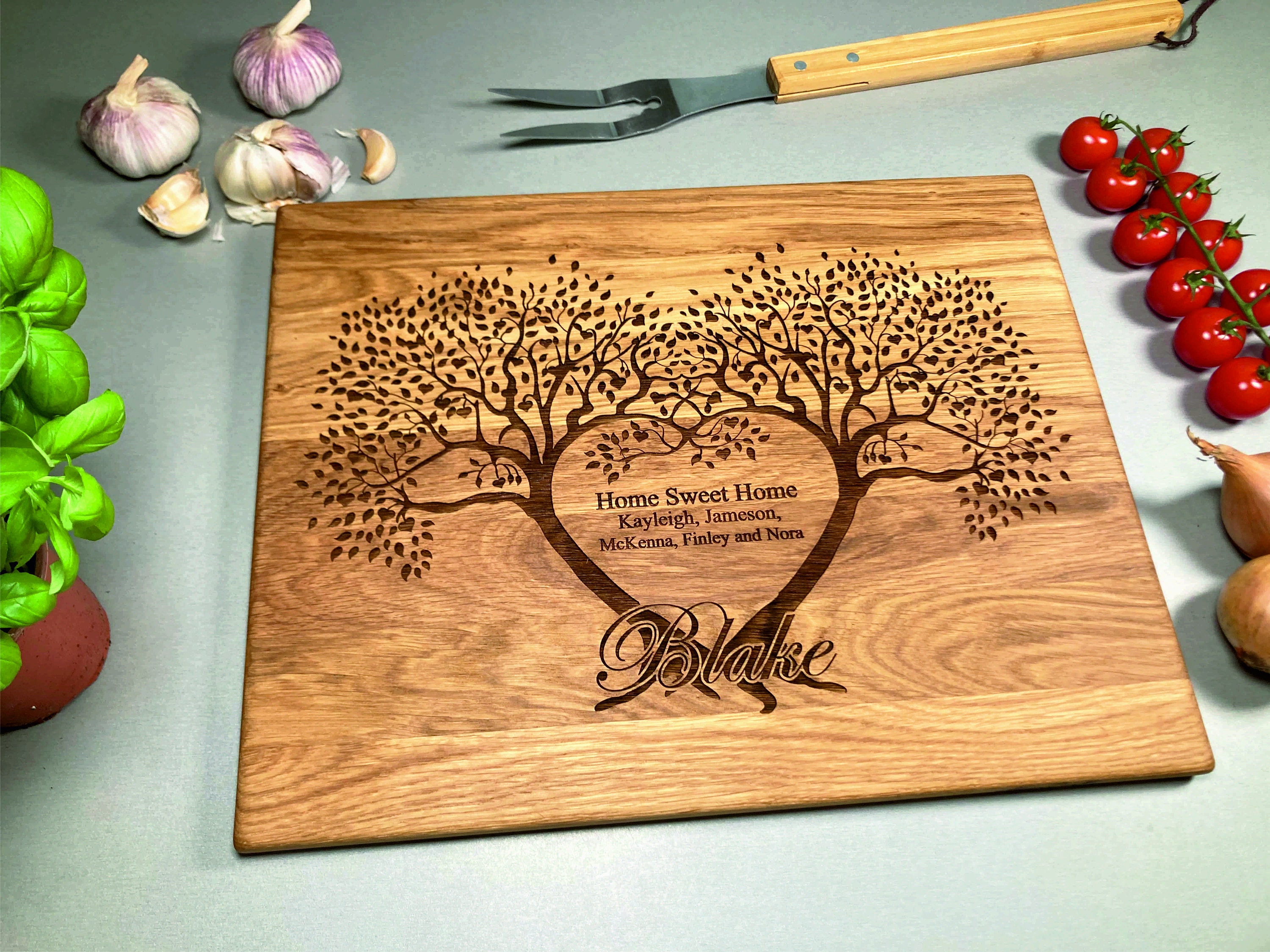 Handmade Personalized Cutting Board with trees in heart. Lazer Engraved. gift for wedding. Engagement gift. Choping block. Custom engraved