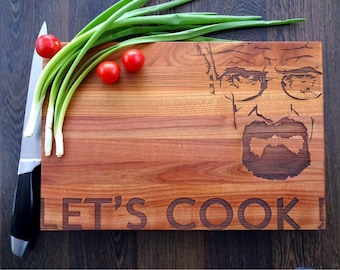 LET&#39;S COOK cutting board. Handmade Lazer Engraved chopping block. Custom engravrd. Gift for birthday
