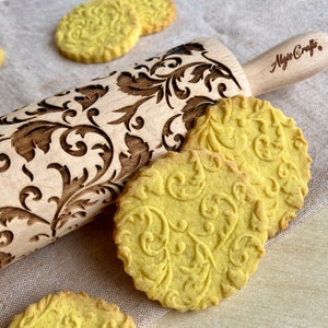 ROYAL Embossed Rolling Pin. Engraved Wooden Dough Roller with  Floral Elements and Leaves for Embossed Cookies  or Clay by Algis Crafts