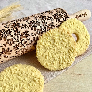 Embossing Rolling Pin FLORAL WREATH Laser Engraved Wooden Roller with Flowers Pattern by Algis Crafts