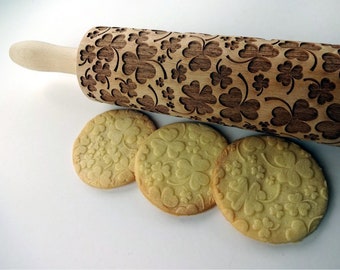 Rouleau à pâtisserie trèfle porte-bonheur. Rouleau à pâtisserie pour pâtisseries et céramiques maison. Rouleau à pâtisserie gravé avec motif par Algis Crafts.