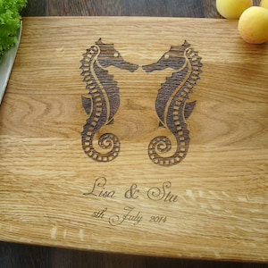Handmade Personalized Cutting Board with SEA HORSES. Cutting Board Lazer Engraved. Ideal gift for wedding . Choping block