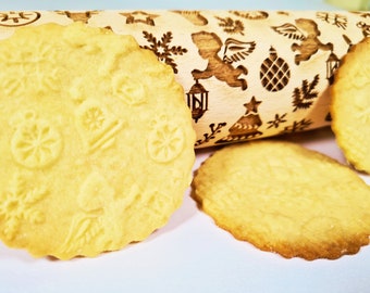 Embossing Rolling Pin CHRISTMAS GIFTS. Laser engraved dough roller with Christmas Gifts - Winter pattern by Algis Crafts