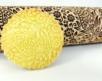 KASHMIR Embossed Rolling Pin Engraved Wooden Embossed Dough Roller for Embossed Cookies with Flowers Pattern or Clay by Algis Crafts