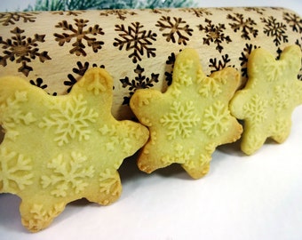 Embossing Rolling Pin SNOWFLAKES. Laser Engraved Dough Roller for Christmas Gingerbread by Algis Crafts