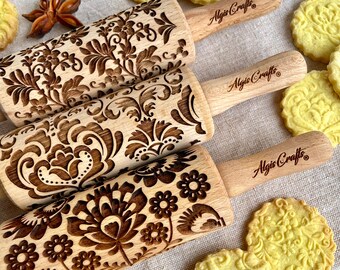 FLOWERS SET OF 3. Children's rolling pins with damask, folk and dancing floral pattern. Rolling pin with pattern from Algis Crafts