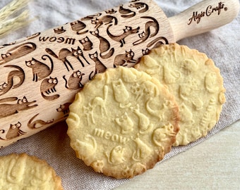 MEOW CATS Embossed Rolling Pin Laser Cut Embossing Dough Roller with Cats for Embossed Cookies by Algis Crafts Gift for Cat Lovers