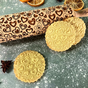 Rolling Pin HEARTS. Laser Engraved Embossed Dough Roller with Lovely Hearts for Embossed Cookies Valentine&#39;s Day Gift by Algis Crafts
