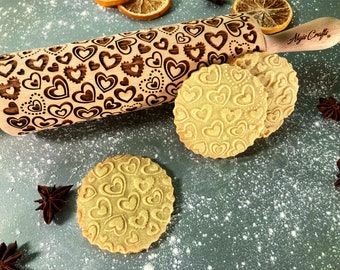 Rolling Pin HEARTS. Laser Engraved Embossed Dough Roller with Lovely Hearts for Embossed Cookies Valentine's Day Gift by Algis Crafts