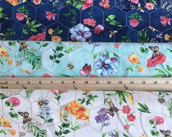 Wildflower fabric with Butterflies and Bees on an aqua, denim or antique white background with hexagon honeycomb background BTY