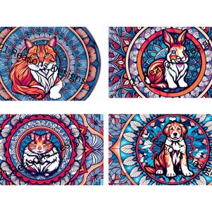May include: Four colorful mandala designs with a cat, rabbit, hamster, and dog in the center of each. The mandalas are in shades of blue, red, and white.