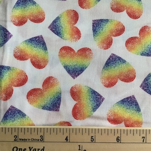 Rainbow Heart Fabric 100% Cotton Quilters Cotton Face Mask Fabric