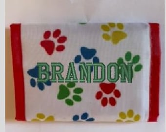 KIDS PERSONALIZED WALLETS - Dog Wallet, Paw Print Wallet - Embroidered Nylon Trifold Sports, Soccer, Baseball, Football, Basketball