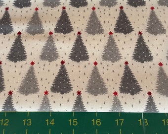 Christmas Fabric 100% Cotton - gray and red Christmas trees on cream background