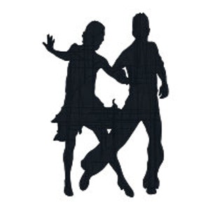 May include: A couple dancing the salsa, a popular Latin dance style. The man is wearing a long-sleeved shirt and pants, while the woman is wearing a short skirt and a top. They are both smiling and enjoying themselves.